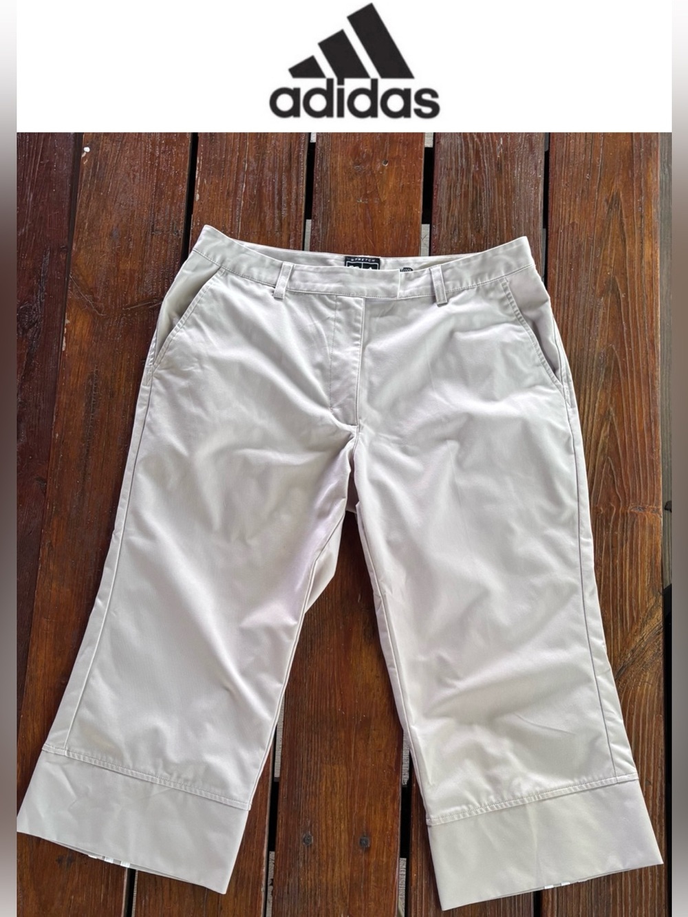 Adidas Capri Pants Tan with 3 white stripes 10